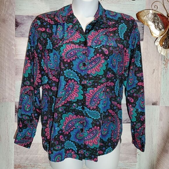 Ridge T Vintage Neon Print Satin Swiss Dot Blouse Sz XL Cottagecore Grannycore - Picture 3 of 8